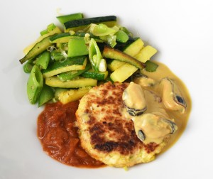 Crimean Fishcakes with Mussel Sabayon and Tomato Compote