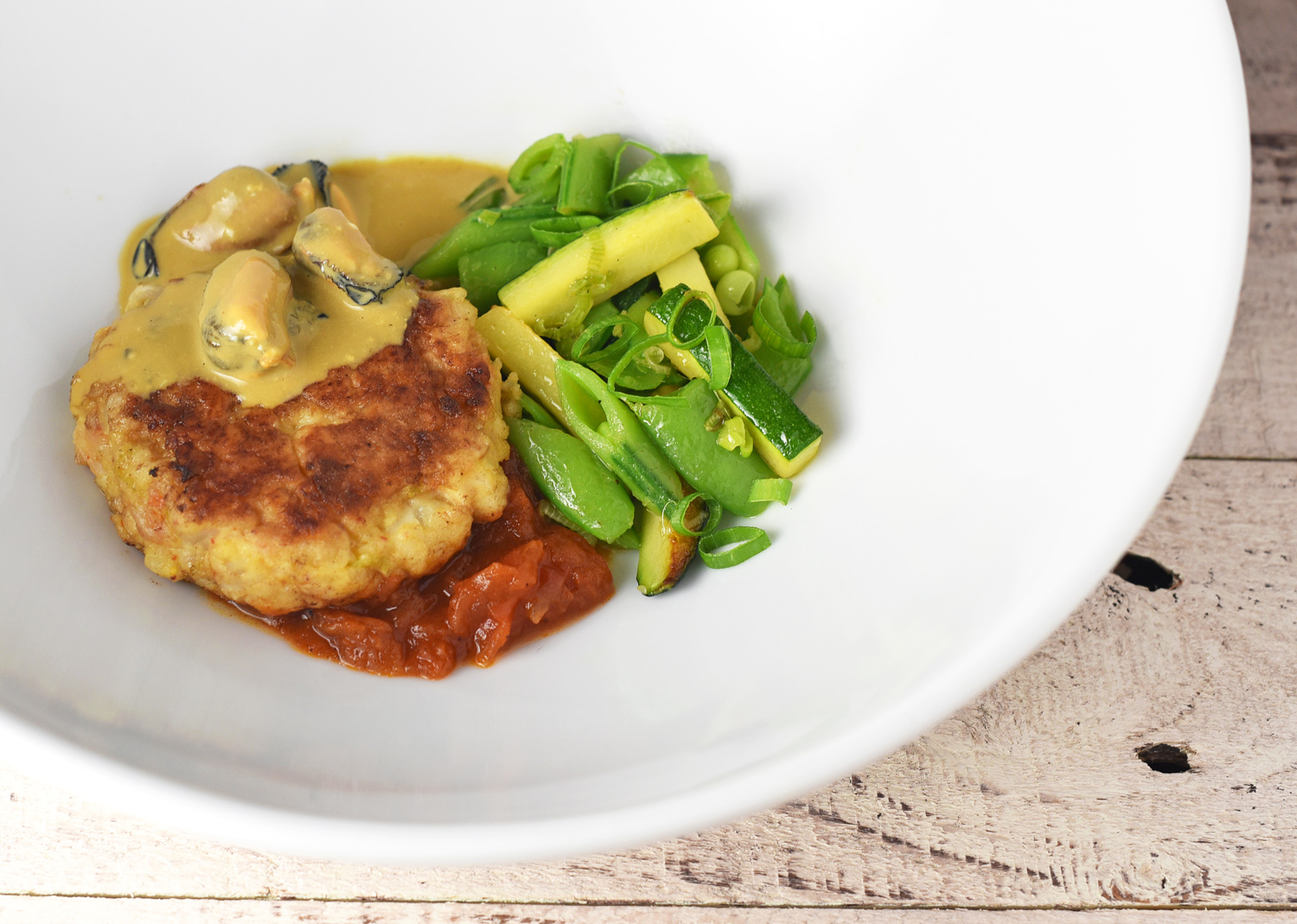 Crimean Fishcakes with Mussel Sabayon and Tomato Compote