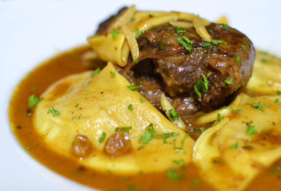 Russian Cuisine - Leg of Venison in Moscovite Sauce with Pumpkin Varenyky