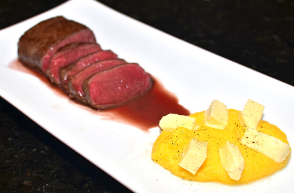 Abkhazian Venison Loin with Blackberry Sauce and Cheese Polenta