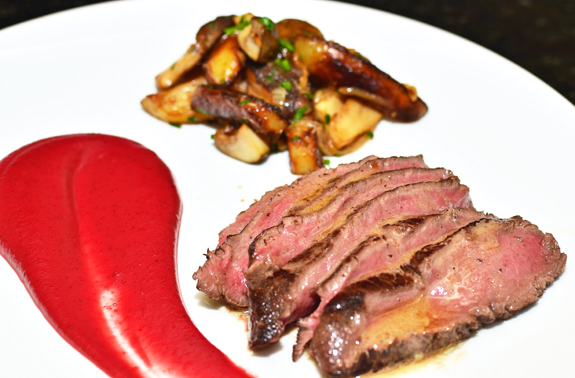 Venison Steak, Red Beet Purée,  and Country Fried Potatoes