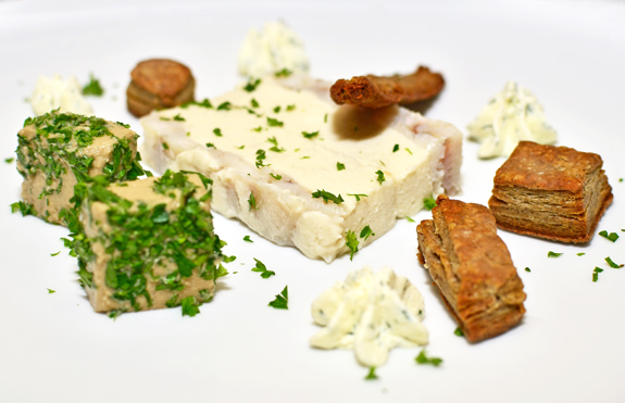 Russian Cuisine - Yellow Perch Mousse, Eggplant Caviar and Buckwheat Puffs