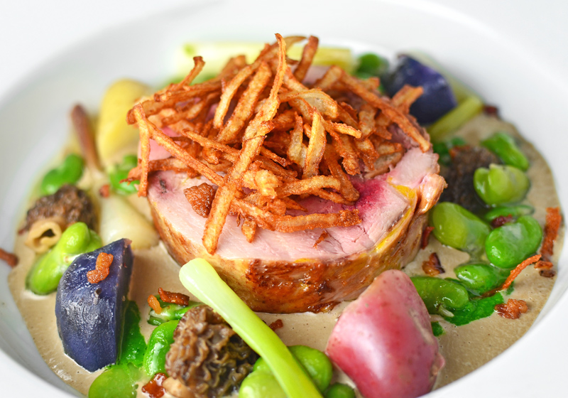 Stuffed Wild Pheasant with Morel Coulis and Spring Vegetables