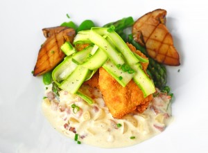 Moravian Pike Goujonnettes, Bacon Sauce and Spring Vegetables