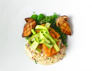 Moravian Pike Goujonnettes, Bacon Sauce and Spring Vegetables