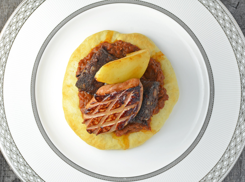 Hungarian Goulash, Blood Sausage, Foie Gras and Pear Tartlets
