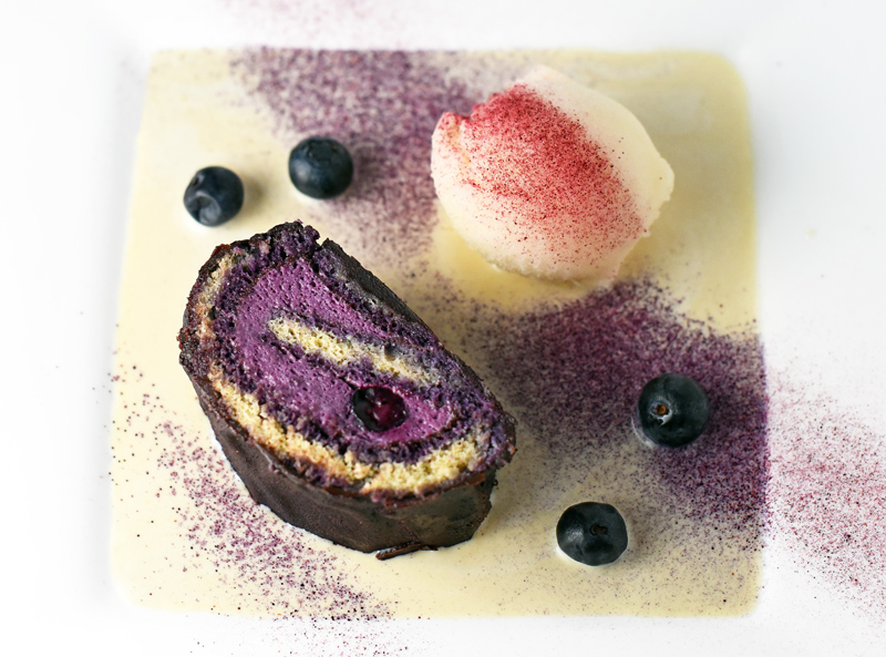 Blueberry-Chocolate Roll, Apple Sorbet, and Buckwheat Crème Anglaise