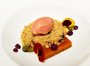 Manoir Hovey - Le Hatley Restaurant - Beet Ice Cream, Haskap Compote, Fennel Seed Genoa Cake, Sweet Potato Cake