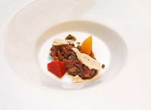 Manoir Hovey - Le Hatley Restaurant - Goose Tartare with Beets, Truffle Cracker, Capers, Elederflower Syrup