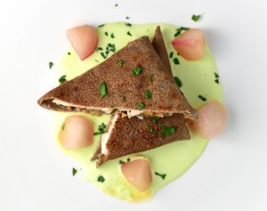 Buckwheat Blini with Trout, Cabbage Sauce and Honey-Glazed Turnips
