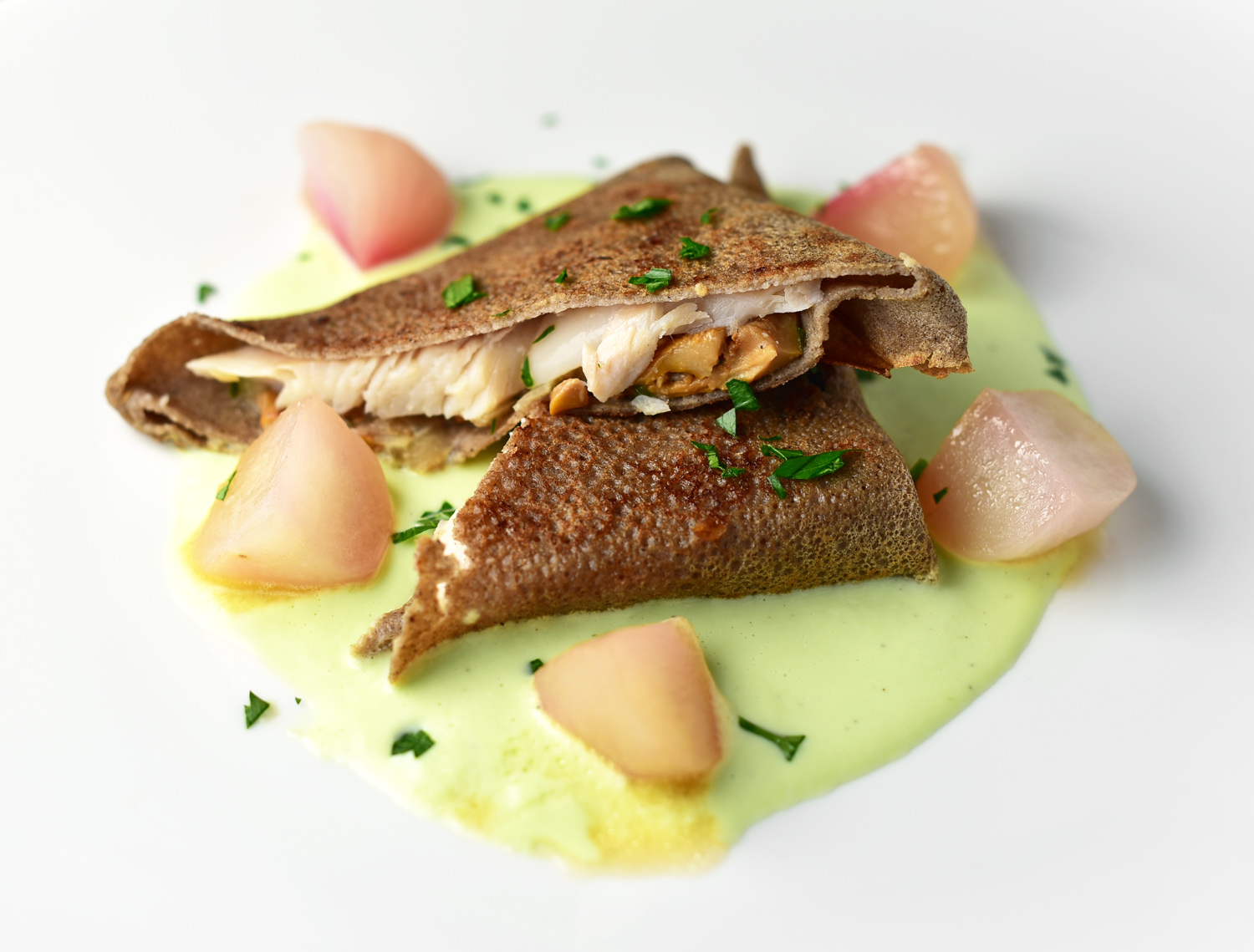 Buckwheat Blini with Trout, Cabbage Sauce and Honey-Glazed Turnips