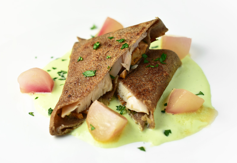 Buckwheat Blini with Trout, Cabbage Sauce and Honey-Glazed Turnips