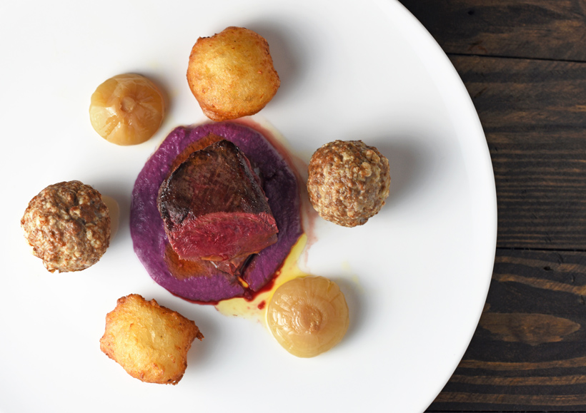 Duck Breast And Meatballs, Potato Croquettes, Caramelized Onions. and Red Cabbage Purée