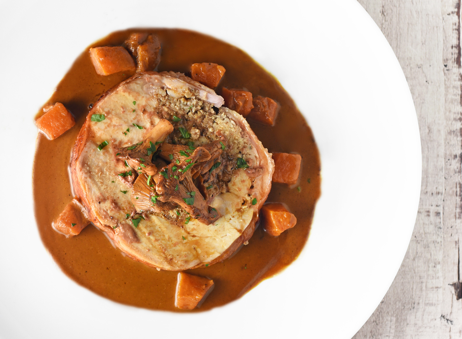 Eastern European Food - Stuffed Capon with Butternut Squash Paprikas and Chanterelles