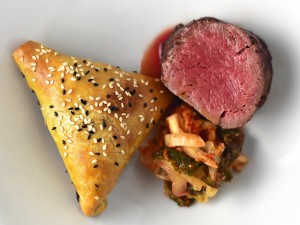 Kazakh Horse Meat Medallion, Kimchi, and Samsa