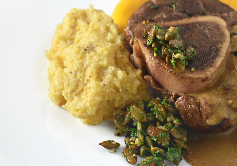 Russian Cuisine - Osso Buco with Pumpkin Mousse and Dried Persimmon Sauce