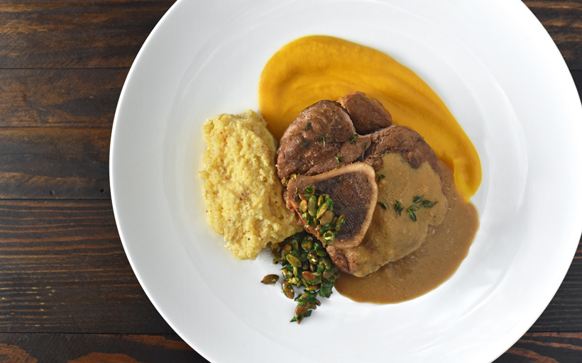 Russian Cuisine - Osso Buco with Pumpkin Mousse and Dried Persimmon Sauce