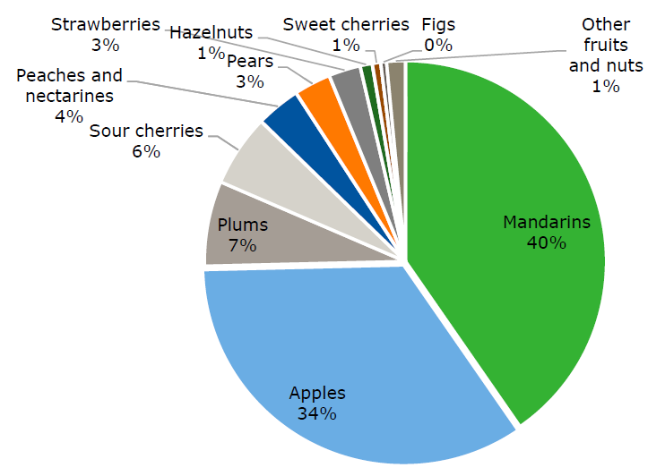 Division of the production of fruits and nuts in Croatia in 2016