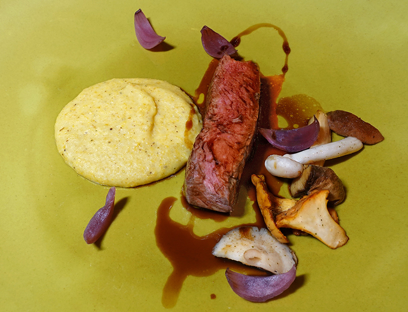 Budapest - Textura Restaurant - Beef Sirloin with Polenta, Pickled Onion, and Mushrooms
