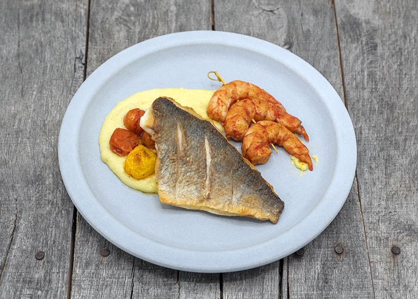 Crispy Seabream Fillet with Very Red Shrimp, Polenta and Cherry Tomatoes