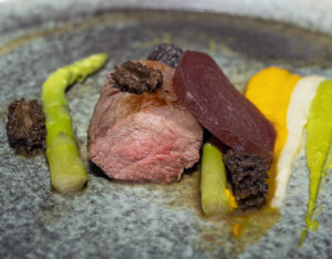 Korta Katarina Winery - Slow-Cooked Lamb with Morels, Beet, and Carrot, Celery Root and Green Pea Purees