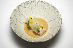 Slovenia - Hiša Franko - Hibachi BBQ Dry-Aged Trout, Brown Butter Fish Sauce, Horseraddish