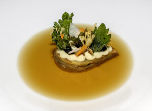Boškinac Restaurant - Celery Root Terrine and Consomme, Seasonal Vegetables